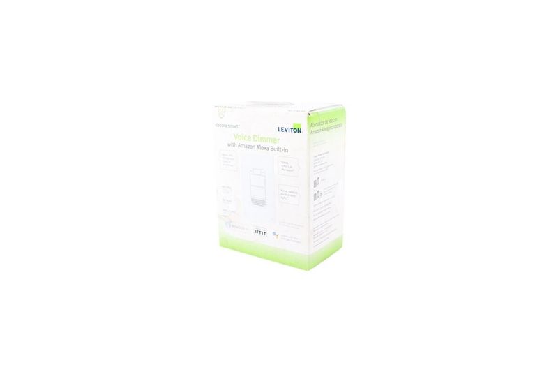 Dimmer Decora Smart Voice blanco con Alexa incluido Leviton, caja de empaque blanca con ilustración del dispositivo