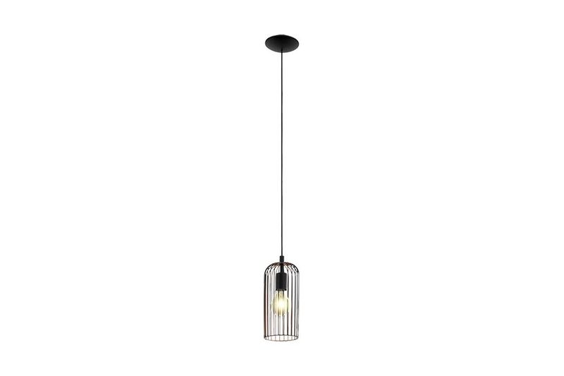 Lámpara de techo colgante Roccamena acero negro/cobre 1L E27 Eglo, vista frontal con pantalla de rejilla y cable negro