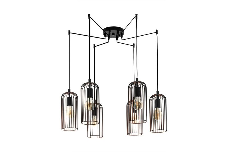 Lámpara de techo colgante Roccamena acero negro/cobre 5L E27 Eglo, con pantallas de alambre y bombillos tipo Edison