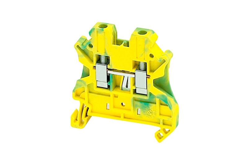 Borne de paso 1 polo 4 mm color verde amarillo Schneider Electric, vista frontal del terminal con tornillos de ajuste