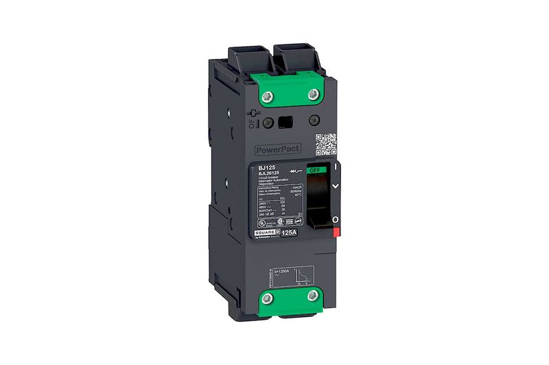 Interruptor marco B 2x50 A 14 kA 600Y/347 Square D, vista frontal del dispositivo con terminales verdes y etiqueta técnica