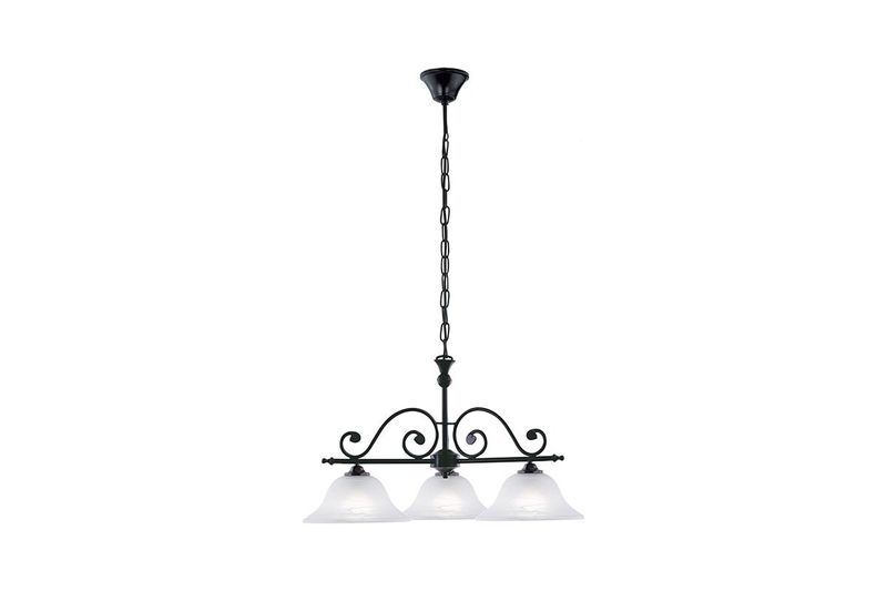 Lámpara de techo colgante Murcia acero negro 3L E27 Eglo, vista frontal con tres pantallas de vidrio blanco y cadena
