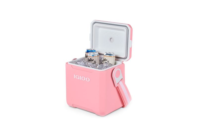Hielera 11 qt rosado Tag a Long con correa Igloo, abierta con hielo y tres latas de bebida en su interior
