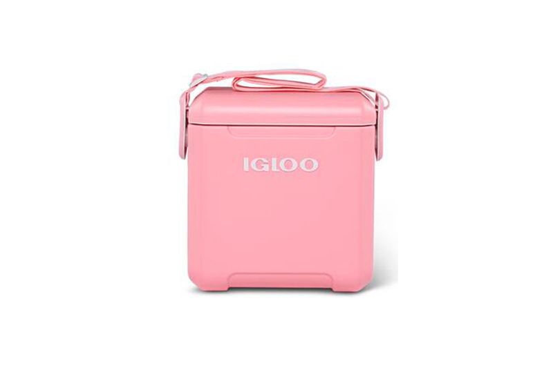 Hielera 11 qt rosado Tag A Long con correa Igloo, vista frontal del contenedor con correa superior y logo blanco