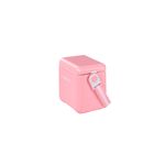 Hielera 11 qt rosado Igloo con correa, vista lateral en ángulo que resalta la correa de transporte y el logotipo