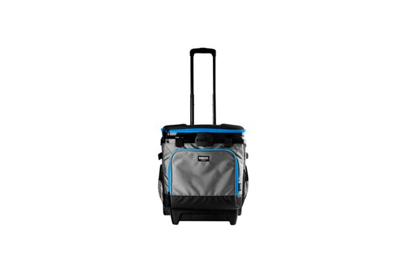 Hielera 28 qt gris/negro poliéster con rueda Cool Fusion MaxCold Igloo, vista frontal con mango telescópico extendido