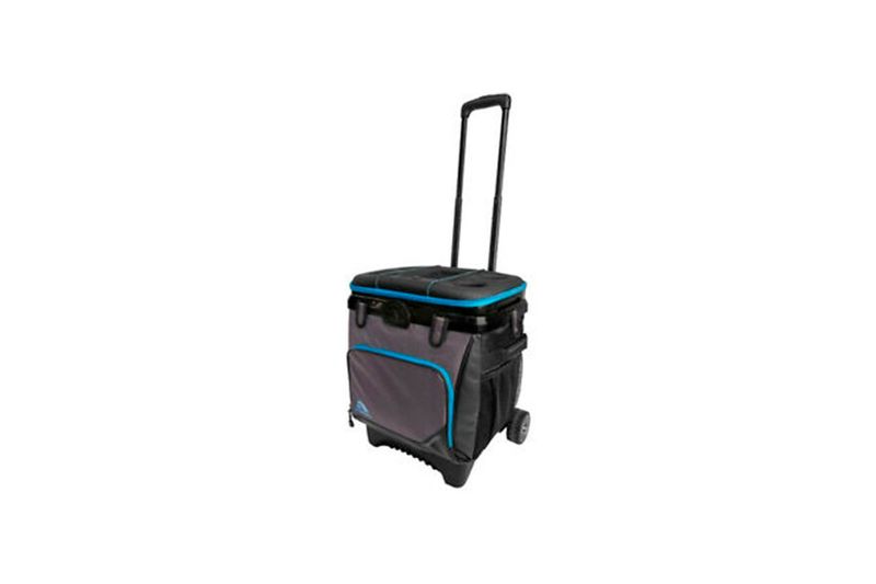 Hielera 28 qt gris/negro poliéster con rueda Cool Fusion MaxCold Igloo, vista lateral con asa telescópica extendida