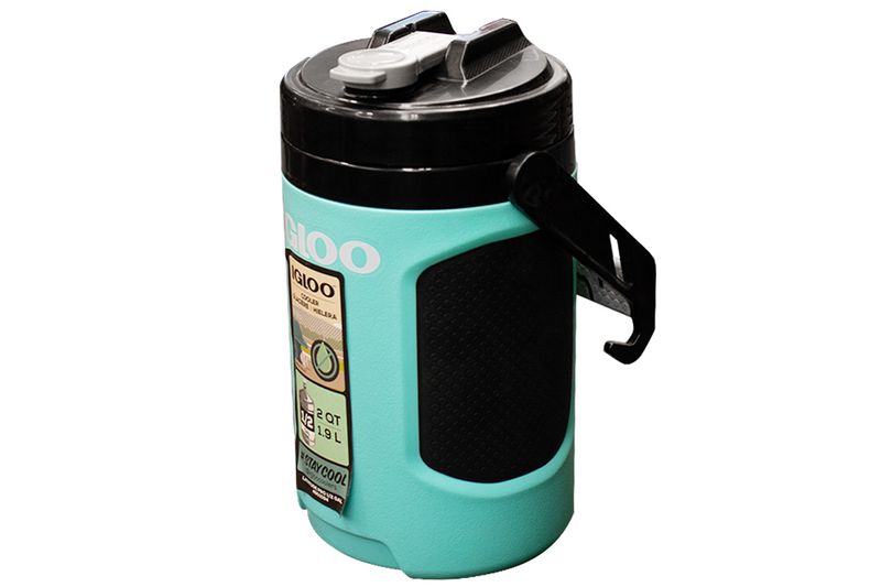 Termo 1/2 galón aqua/negro Latitude Pro Igloo, vista frontal del cuerpo color aqua con tapa y asa negras