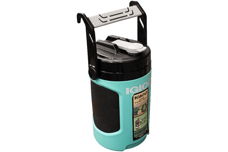 Termo 1/2 galón aqua/negro Latitude Pro Igloo, vista frontal resaltando el asa superior y etiqueta de capacidad