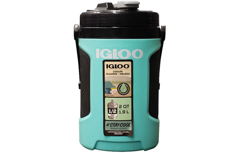Termo 1/2 galón aqua/negro Latitude Pro Igloo, vista frontal detallando etiqueta de capacidad y logo de la marca