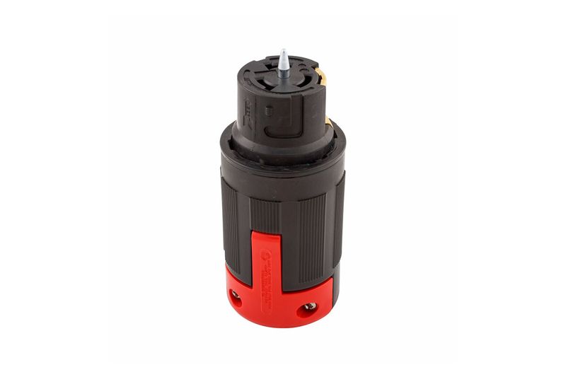 Conector 40 A 125/250 V 3P 4W nylon Eaton, vista frontal del cuerpo negro con base roja y terminales superiores