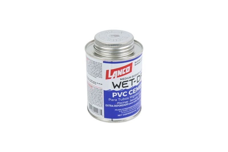 Pegamento cemento PVC Wet Dry azul Lanco de 8 onzas, vista lateral del envase metálico con etiqueta blanca y azul