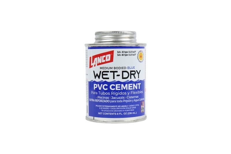 Pegamento cemento PVC Wet Dry azul Lanco de 8 onzas, vista frontal del envase metálico con etiqueta informativa
