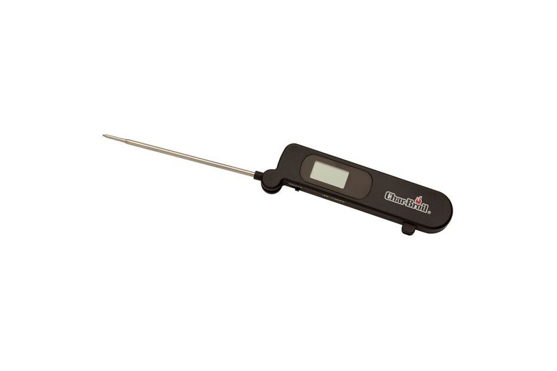 Termómetro digital acero inoxidable negro Char-Broil, vista lateral con sonda metálica extendida y pantalla digital
