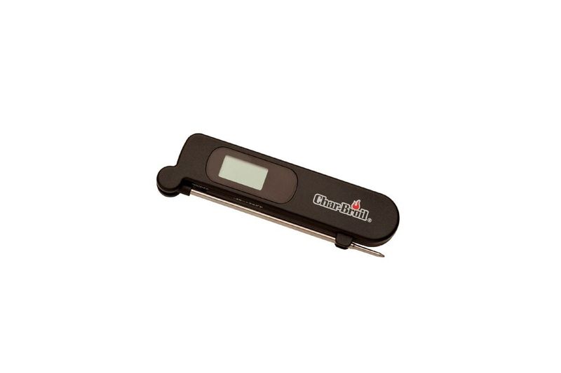 Termómetro digital acero inoxidable negro Char-Broil, vista superior con pantalla digital y sonda metálica extendida