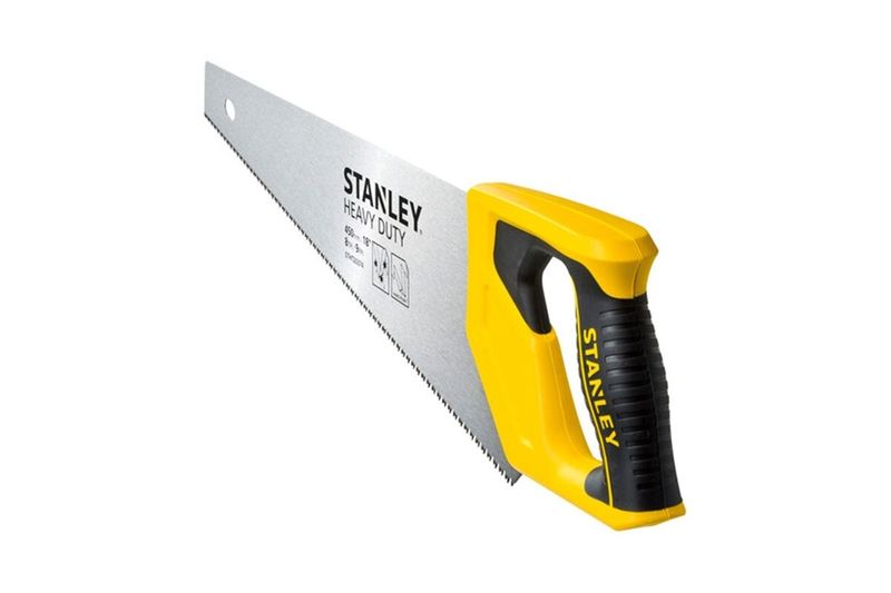 Serrucho Stanley de 20 pulgadas con mango plástico Heavy Duty, vista lateral con mango amarillo y negro y hoja metálica
