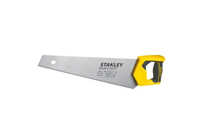 Serrucho Stanley de 20 pulgadas con mango plástico Heavy Duty, vista lateral completa con mango amarillo y hoja metálica