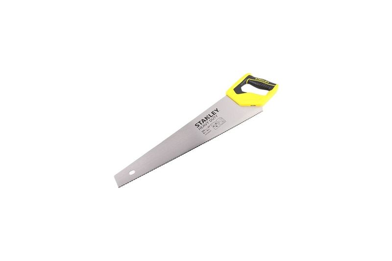 Serrucho Stanley de 20 pulgadas con mango plástico Heavy Duty, vista lateral completa con mango amarillo y hoja metálica