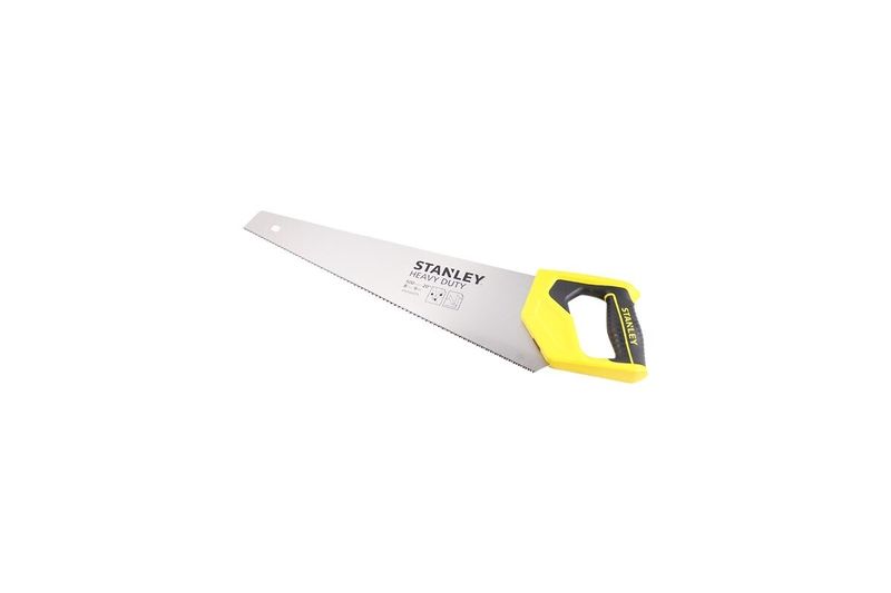 Serrucho Stanley de 20 pulgadas con mango plástico Heavy Duty, vista lateral completa con mango amarillo y hoja metálica