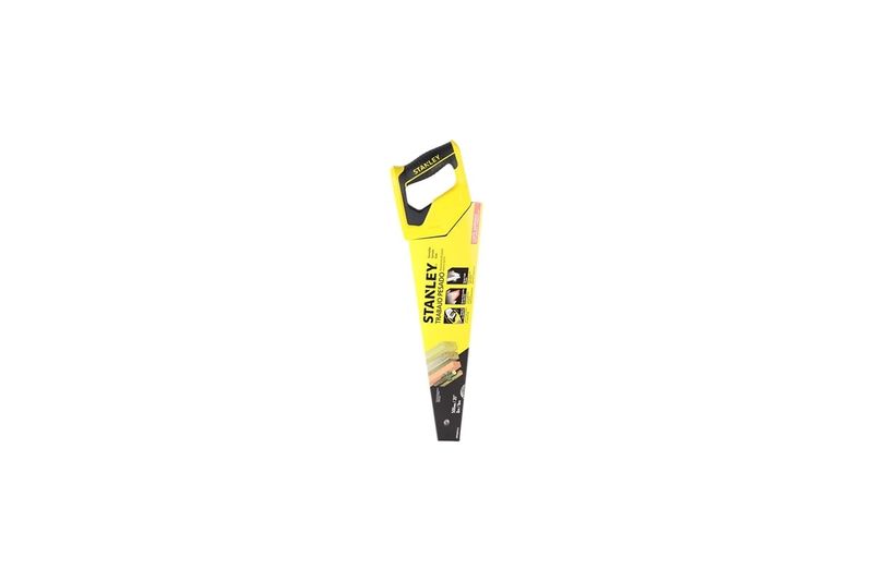 Serrucho Stanley de 20 pulgadas con mango plástico Heavy Duty, visto dentro de su empaque de cartón amarillo y negro