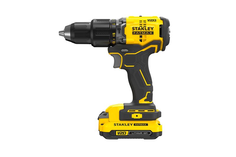Taladro percutor inalámbrico 1/2 pulgada 20V Stanley, vista lateral del equipo en color amarillo y negro con batería