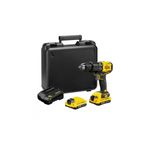 Taladro percutor inalámbrico Stanley de 1/2 pulgada y 20 V, junto a su maletín negro, cargador y dos baterías amarillas