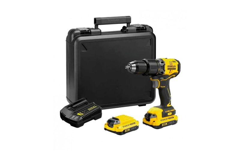 Taladro percutor inalámbrico Stanley de 1/2 pulgada y 20 V, junto a su maletín negro, cargador y dos baterías amarillas