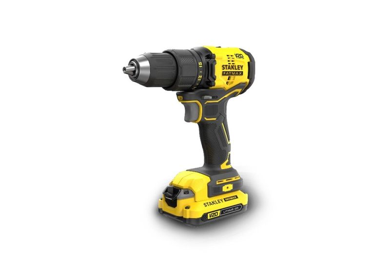 Taladro inalámbrico sin carbón Stanley de 1/2 pulgada y 20 V, vista lateral en color amarillo y negro con batería puesta