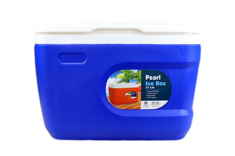 Combo hielera 31, 5.5 y 2 litros Pearl azul, primer plano de la hielera más grande con tapa blanca y etiqueta frontal