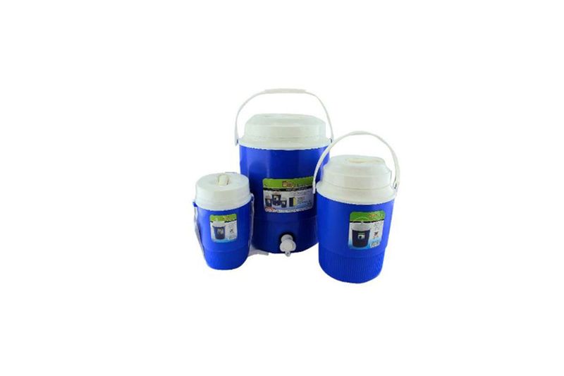 Combo hielera 7.6, 1.9 y 1 litro (8, 2 y 1 qt) 3 piezas azul Pearl, set de tres termos azules con tapas y asas blancas