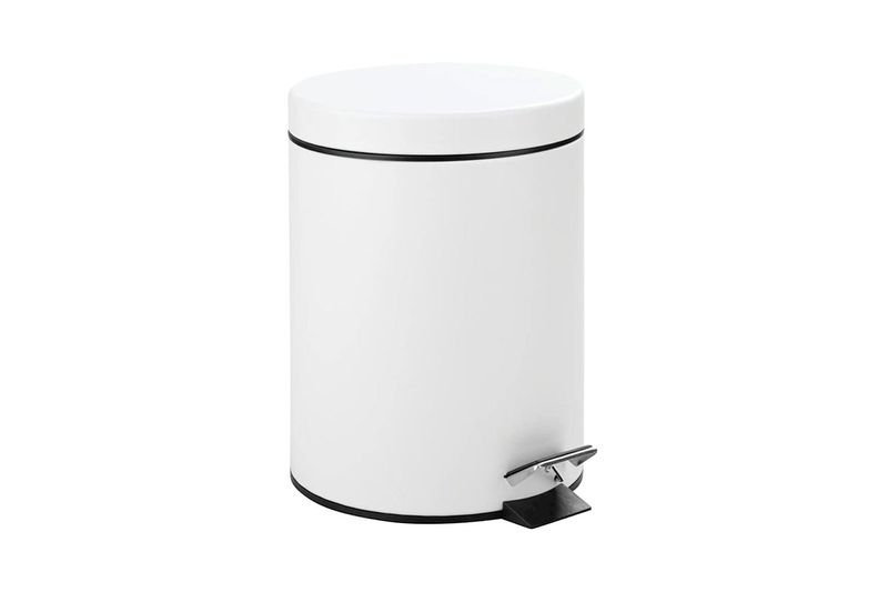 Basurero acero inoxidable redondo con tapa pedal 5 l blanco Trash Crash, vista frontal completa con pedal metálico