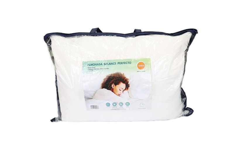 Almohada queen 50 x 70 cm Balance Relaxtech, empaque plástico transparente con ilustración de persona durmiendo