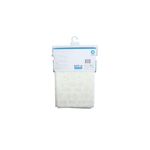 Cortina baño plástica Pebblz blanca Interdesign, vista posterior del empaque con etiquetas e instrucciones
