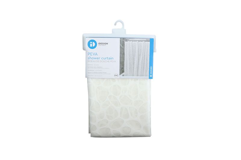 Cortina de baño plástica Pebblz blanca Interdesign, empaque original con tarjeta informativa y gancho plástico
