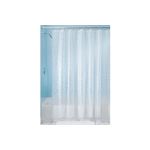Cortina de baño plástica Pebblz blanca Interdesign, extendida en el tubo de la ducha con patrón de círculos irregulares