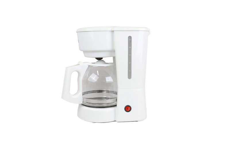 Cafetera con jarra 12 tazas blanca Black + Decker, vista frontal con jarra de vidrio y botón de encendido rojo