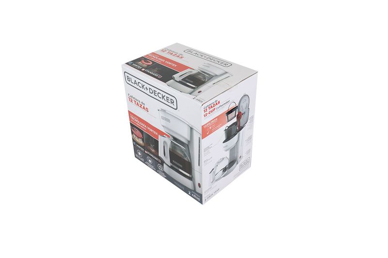 Cafetera con jarra 12 tazas blanca Black + Decker, vista tridimensional de su caja con ilustraciones del equipo