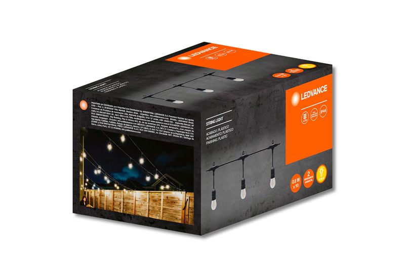 Cadena de luces LED 10L x 60lm E27 IP44 2700K 30000h negro Ledvance, en su caja con ilustración del producto instalado