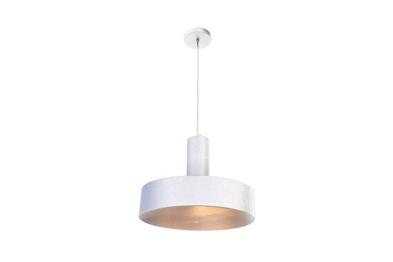 Luminaria colgante 1L E27 60W blanco Blumenau, vista frontal del equipo encendido con luz cálida y cable blanco