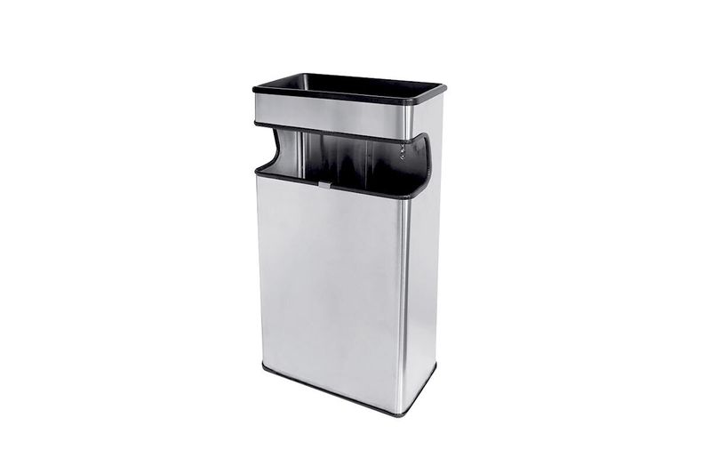 Basurero rectangular 27 L con cenicero acero inoxidable Jofel, vista frontal en ángulo que muestra la parte superior negra
