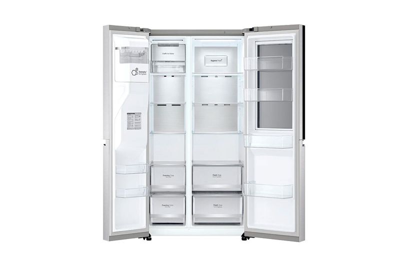 Refrigerador Inverter Instaview Door in Door 812 l Craft Ice LG, vista interior con puertas abiertas y divisiones blancas