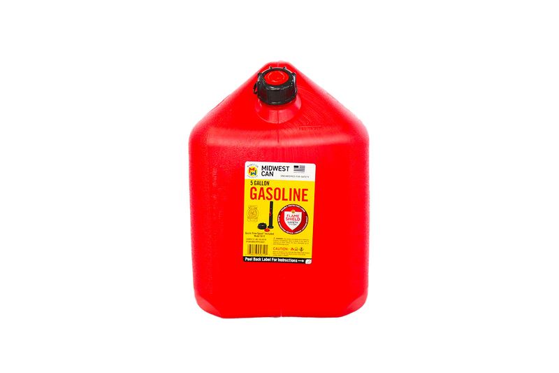 Bidón plástico para gasolina con boquilla 5 gal Midwest, color rojo con etiqueta amarilla frontal y tapa negra