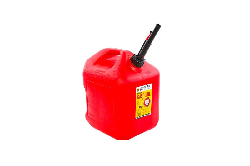 Bidón plástico para gasolina con boquilla 5 galones Midwest, vista frontal del recipiente rojo con etiqueta amarilla
