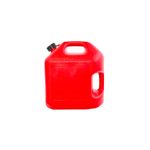 Bidón plástico para gasolina con boquilla 5 galones Midwest, vista frontal del recipiente rojo con advertencias en relieve