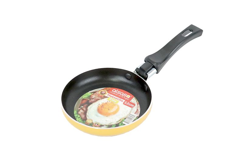 Sartén teflón 12 cm colores Alsasa, vista superior con etiqueta circular y mango negro