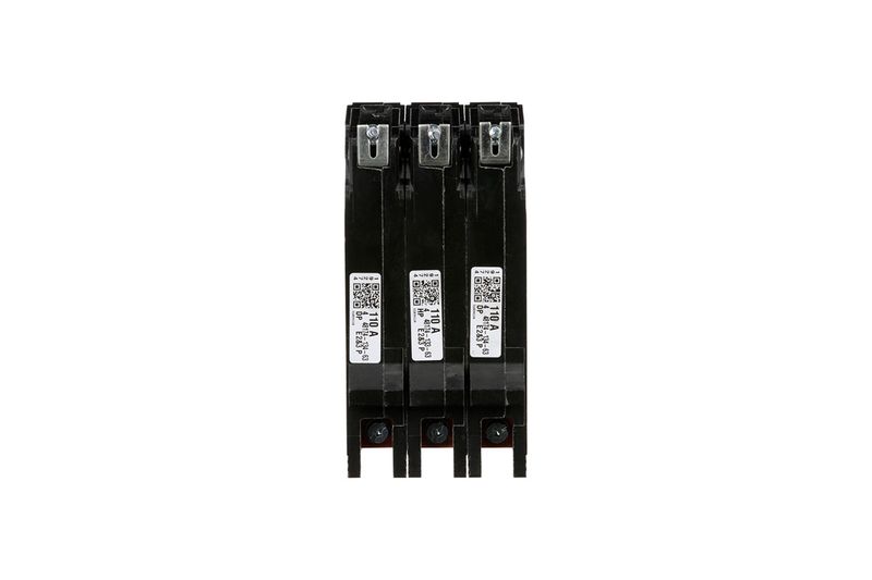 Breaker 3x110 A atornillable EGB 35 kA 480/277 V Square D, vista frontal detallando las etiquetas técnicas y códigos QR