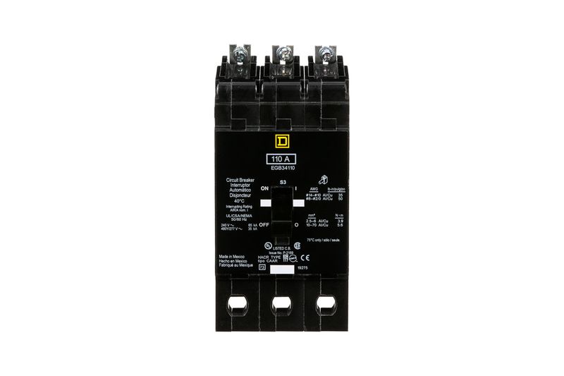 Breaker 3x110A atornillable EGB 35kA 480/277V Square D, vista frontal detallada de la etiqueta técnica y terminales
