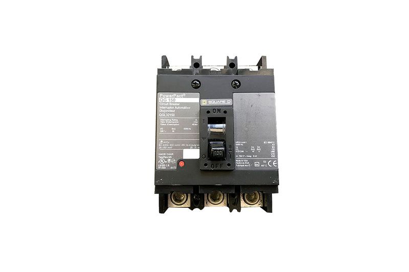 Main breaker 3P QGL 150 amp 65 kA Square D, vista frontal del interruptor automático negro con palanca en posición off