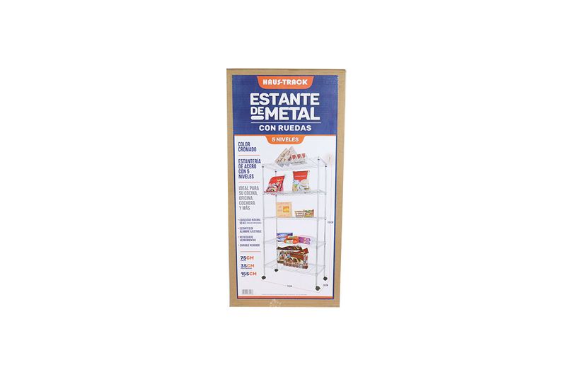 Estante con ruedas 5 niveles cromado 75x35x155 cm Hoggan, empaque de cartón con ilustración del producto y especificaciones