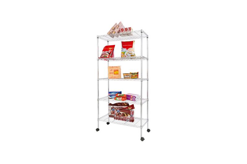 Estante con ruedas 5 niveles cromado 75x35x155 cm Hoggan, vista frontal con diversos productos organizados en sus niveles